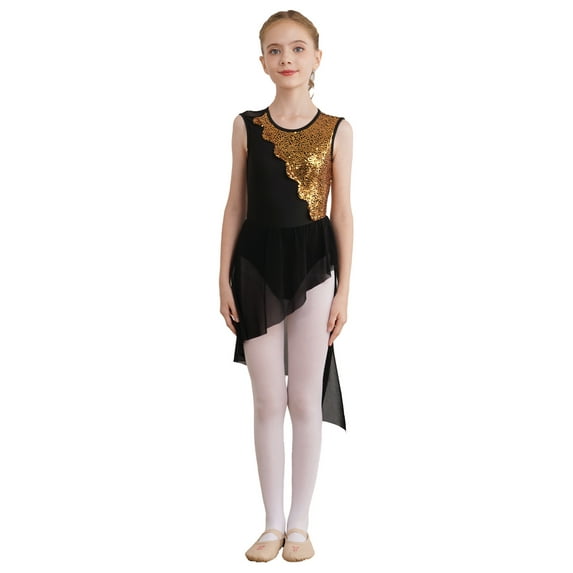 Miutii Kids Girls Ballet Leotard Skirted High-Low Hem Latin Modern Contemporary Ballroom Lyrical Dancewear Black 14