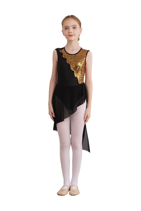 Kids Girls Ballet Leotard Skirted High-Low Hem Latin Modern Contemporary Ballroom Lyrical Dancewear Black 6