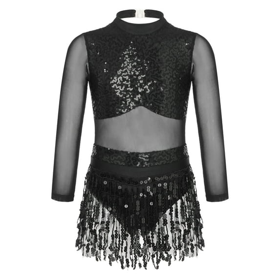 Miutii Kids Girls Ballroom Sequins Latin Dance Dress Dancing Outfit Salsa Rumba Tango Tassel Dance Skirt Black 10