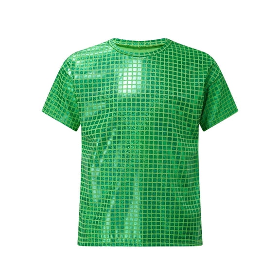 Miutii Kids Girls Boys Shiny Metallic Short Sleeve T-Shirt Jazz Hip Hop Ballet Dance Top Festival Party Blouse Green 160