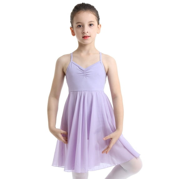 Miutii Girl's Criss Cross Back Empire Waist Cami Ballet Dance Dress Gymnastics Leotard Ballerina Performing Set Lavender 5-6