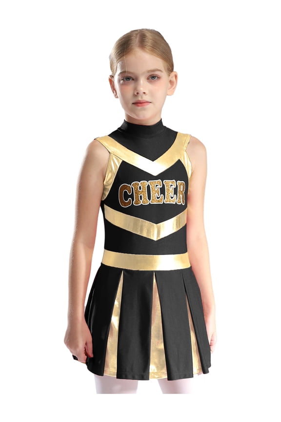 Kids Girls Cheerleading Uniform Cheer Leader Clothes Sleeveless Pleated Dress Cheerleading Dance Dress Black 6