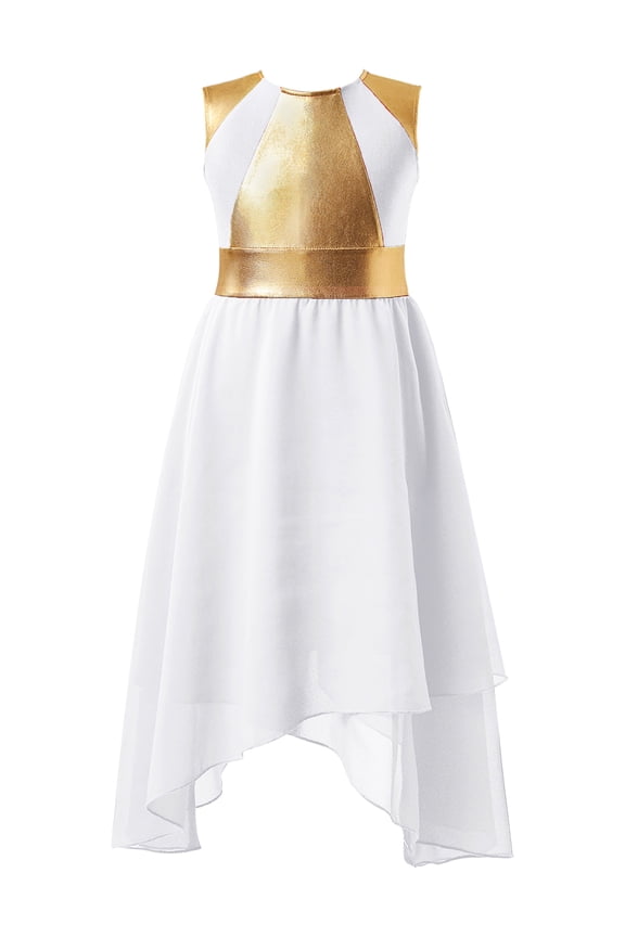 Kids Girls Color Block Praise Dance Tunic Sleeveless Lyrical Contemporary Dance Costume Ballet Dancewear White 14