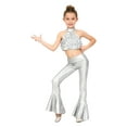 thumbnail image 1 of Miutii Kids Girls Disco Hip Hop Jazz Dance Outfit Ruffle Shiny Sequin Crop Top with Metallic Bell Bottom Pants Silver 16, 1 of 7
