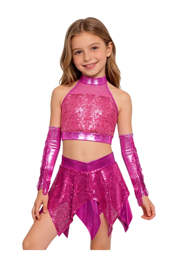 Kids Girls Disco Hip Hop Jazz Latin Cha Cha Dance Outfit Sequin Crop Top with Skirt Tassel Arm Sleeves Set Hot Pink 6
