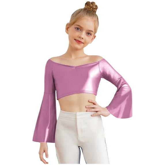 Miutii Kids Girls Disco Party Shirts Off-Shoulder Festival Rave Outfit Long Flared Sleeve Jazz Hip Hip Dance Crop Tops Pink 10