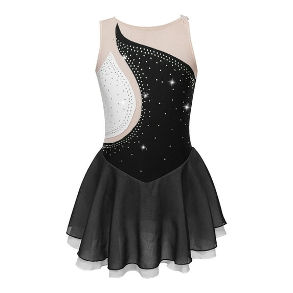 Miutii Kids Girls Figure Ice Skating Dress Ballet Lyrical Dance Dress Mesh Splice Dancewear Black 14