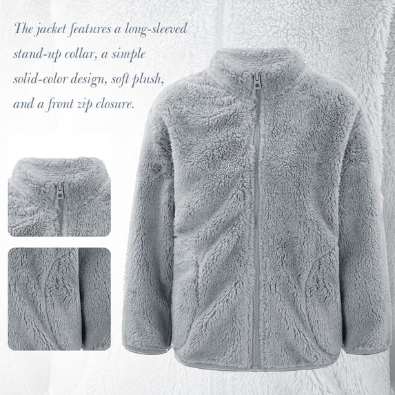 Miutii Kids Girls Fleece Long Sleeve Jacket Zipper Closure Solid Color Outerwear Winter Warm Casual Grey 110