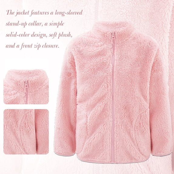 Miutii Kids Girls Fleece Long Sleeve Jacket Zipper Closure Solid Color Outerwear Winter Warm Casual Pink 130