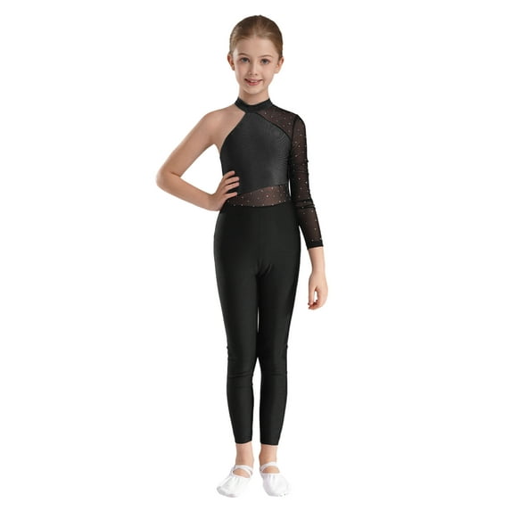 Miutii Kids Girls Full Body Unitard Long Sleeve Color Block Gymnastics Leotard Jumpsuit Dance Costume Black 14