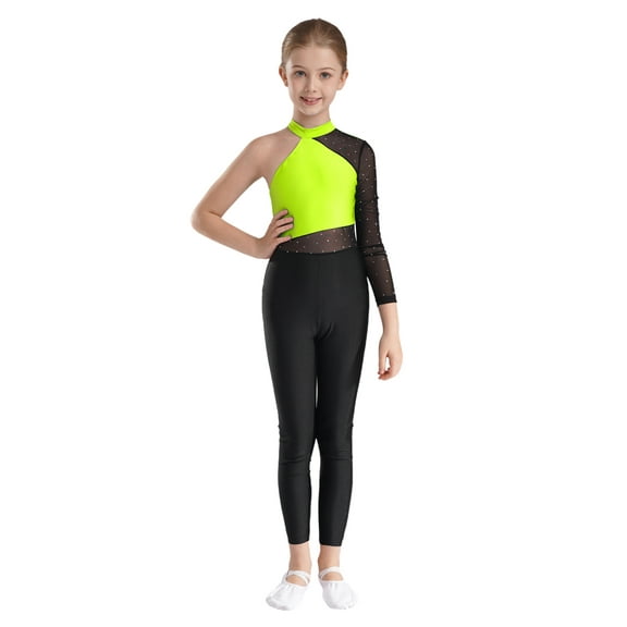 Miutii Kids Girls Full Body Unitard Long Sleeve Color Block Gymnastics Leotard Jumpsuit Dance Costume Fluorescent Yellow 12