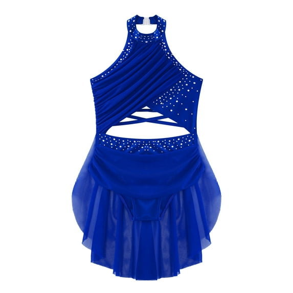 Miutii Kids Girls Glittery Rhinestone Backless Ballet Leotard Dress Lyrical Jazz Latin Modern Dance Blue 6