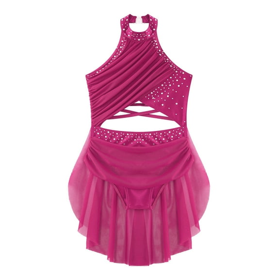 Miutii Kids Girls Glittery Rhinestone Backless Ballet Leotard Dress Lyrical Jazz Latin Modern Dance Hot Pink 8