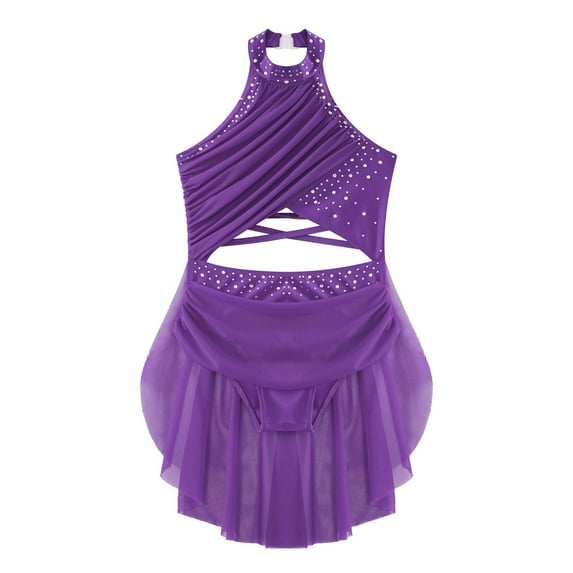 Miutii Kids Girls Glittery Rhinestone Backless Ballet Leotard Dress Lyrical Jazz Latin Modern Dance Purple 16