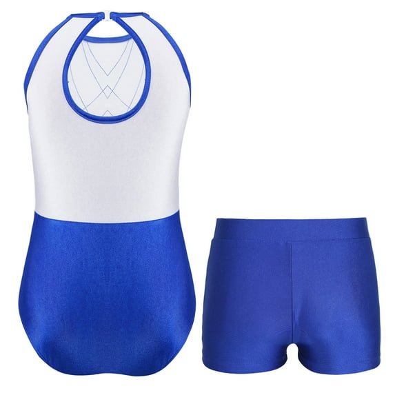 Miutii Kids Girls Gymnastics Leotard Outfit Sparkly Rhinestones Dance Unitard and Shorts Set Ballet Blue 16