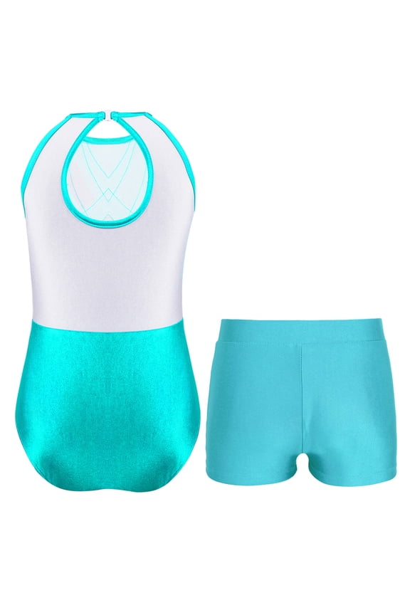 Kids Girls Gymnastics Leotard Outfit Sparkly Rhinestones Dance Unitard and Shorts Set Ballet Blue Green 12
