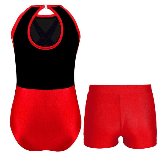 Miutii Kids Girls Gymnastics Leotard Outfit Sparkly Rhinestones Dance Unitard and Shorts Set Ballet Red 16