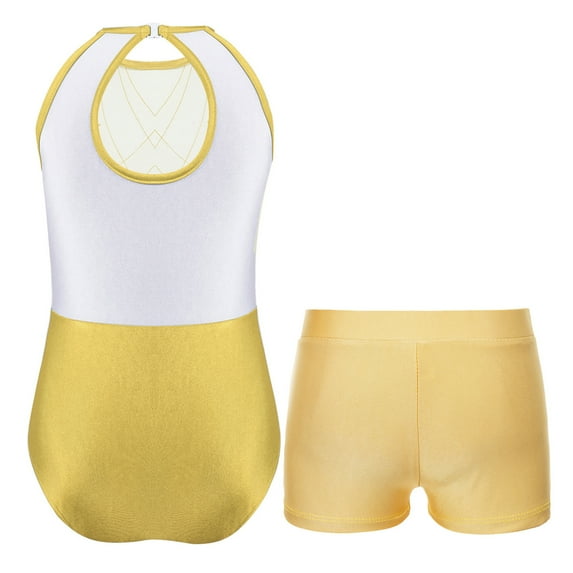 Miutii Kids Girls Gymnastics Leotard Outfit Sparkly Rhinestones Dance Unitard and Shorts Set Ballet Yellow 16