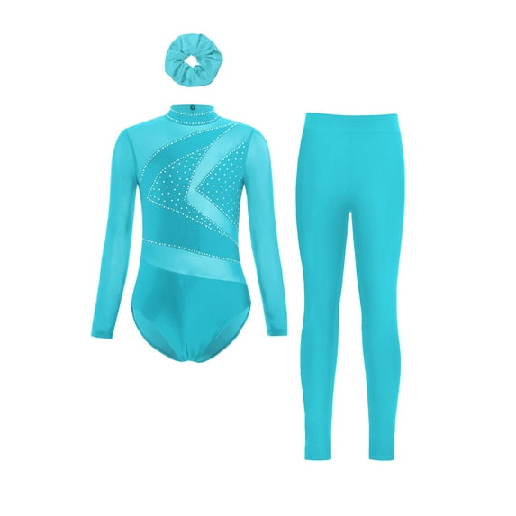 Miutii Kids Girls Gymnastics Outfits Figure Skating Costume Ballet Dance Leotards with Leggings Pants and Hair Band Blue Green 6