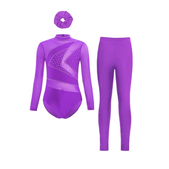 Miutii Kids Girls Gymnastics Outfits Figure Skating Costume Ballet Dance Leotards with Leggings Pants and Hair Band Purple 16