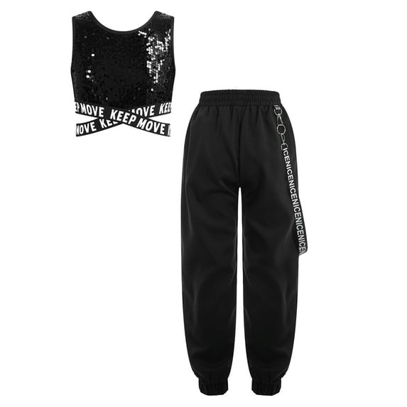 Miutii Kids Girls Hip Hop Dance Outfits 2-Piece Sleeveless Crop Tops with Chain Pocket Jogger Pants Dancewear Set Black 14