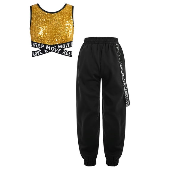 Miutii Kids Girls Hip Hop Dance Outfits 2-Piece Sleeveless Crop Tops with Chain Pocket Jogger Pants Dancewear Set Gold 10