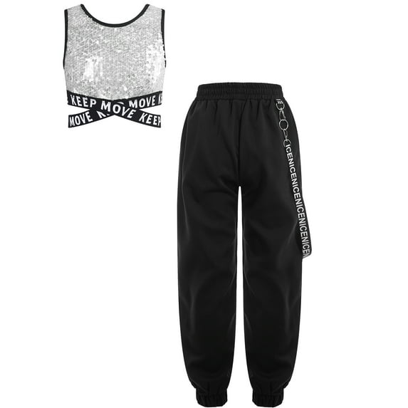 Miutii Kids Girls Hip Hop Dance Outfits 2-Piece Sleeveless Crop Tops with Chain Pocket Jogger Pants Dancewear Set Silver 8