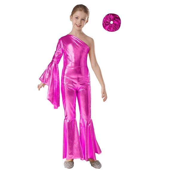 Miutii Kids Girls Hip Hop Jazz Dance Performance Costume One Shoulder Shiny Metallic Bell-Bottom Jumpsuit Hot Pink 10