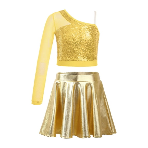 Miutii Kids Girls Hip Hop Jazz Latin Cheerleading Dance Outfits Sequin Crop Tops with Metallic Skirt Set Party cLOTHES Gold 8