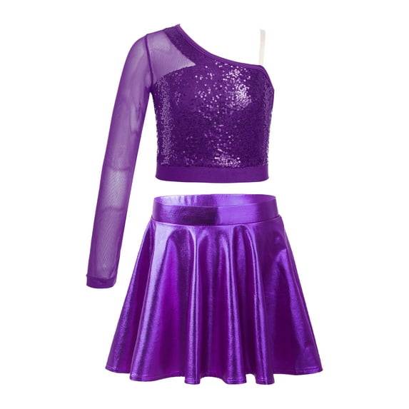 Miutii Kids Girls Hip Hop Jazz Latin Cheerleading Dance Outfits Sequin Crop Tops with Metallic Skirt Set Party cLOTHES Purple 8