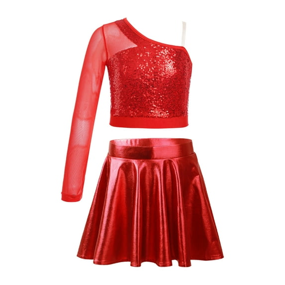 Miutii Kids Girls Hip Hop Jazz Latin Cheerleading Dance Outfits Sequin Crop Tops with Metallic Skirt Set Party cLOTHES Red 8
