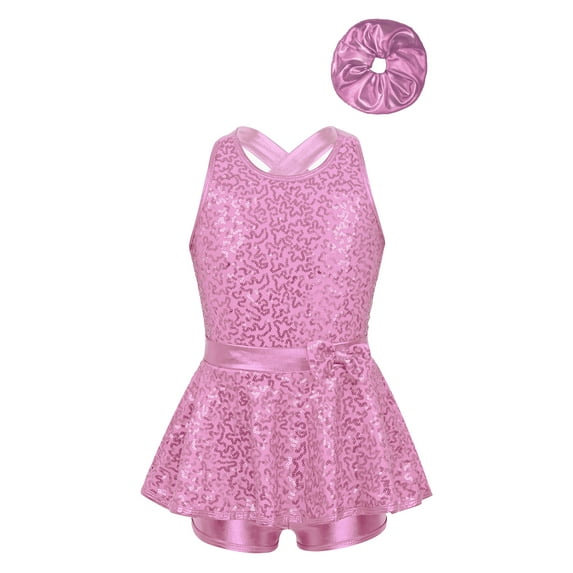 Miutii Kids Girls Hip-Hop Latin Dance Performance Costume Sequins Dancing Outfit Sparkly Bodysuit Gymnastic Unitards Pink 12