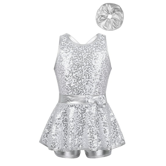 Miutii Kids Girls Hip-Hop Latin Dance Performance Costume Sequins Dancing Outfit Sparkly Bodysuit Gymnastic Unitards Silver 14