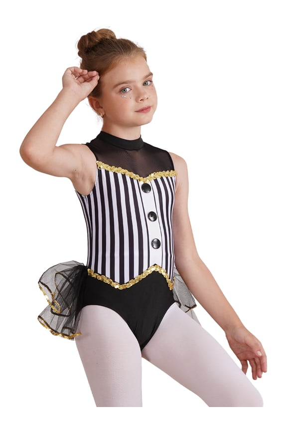 Kids Girls Jazz Dance Dress Sequin Stripe Leotard Halloween Performance Costume Circus Ringmaster Cosplay Black 8