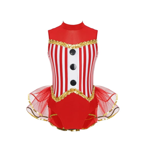 Miutii Kids Girls Jazz Dance Dress Sequin Stripe Leotard Halloween Performance Costume Circus Ringmaster Cosplay Red 10