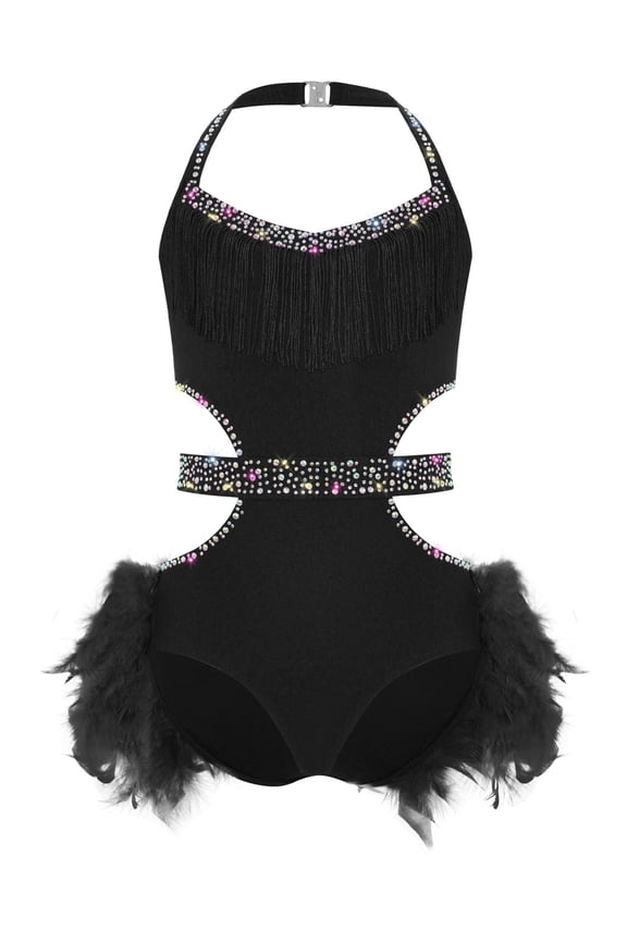Kids Girls Jazz Dance Feather Skirted Leotard Glitter Rhinestones Halter Neck Latin Performance Dancewear Black 10