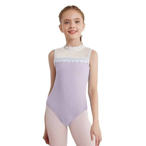 Miutii Kids Girls Lace Collar Dance Leotard Sleeveless Patchwork Bodysuit for Ballet Gymnastics Practice Performance Light Purple 9-10
