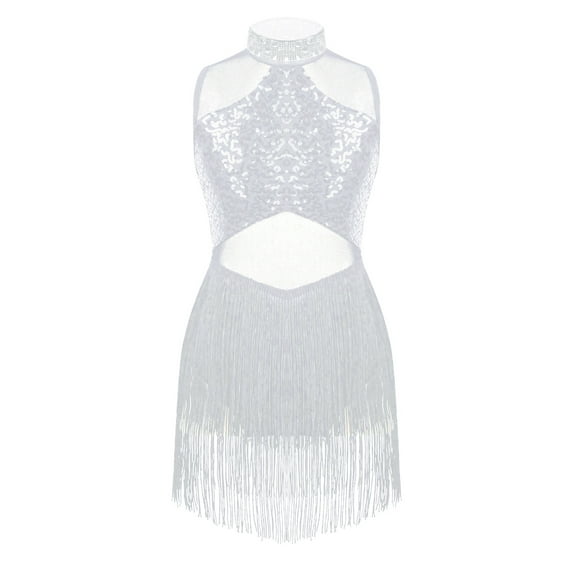 Miutii Kids Girls Latin Dance Dress Sleeveless Sequin Tassel Jazz Tango Salsa Ballroom Dancewear White 16