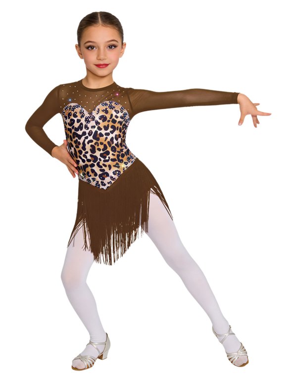 Kids Girls Leopard Print Ballet Latin Dance Dress Mesh Long Sleeve Skirted Leotard Ballroom Performance Dancewear Brown 10