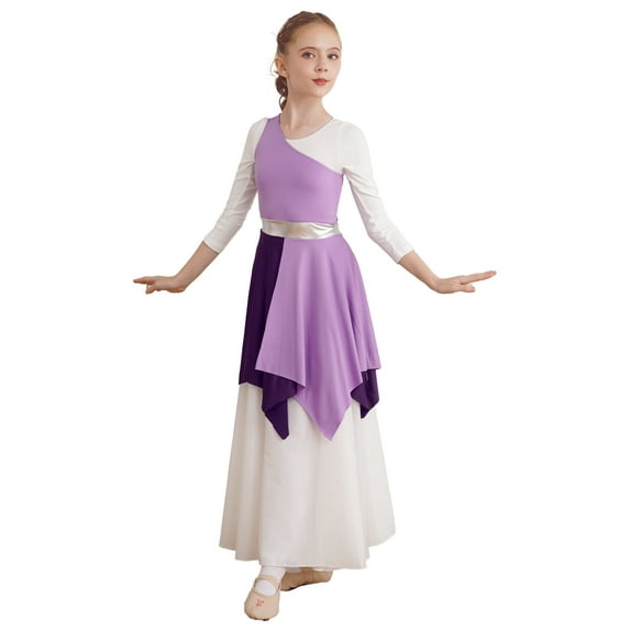 Miutii Kids Girls Liturgical Praise Lyrical Dance Dress Color Block One Shoulder Worship Church Dress Tunic Dancewear Lavender 6
