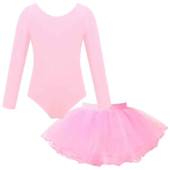 Miutii Kids Girls Long Sleeve Ballet Dance Gymnastics Leotard with Mesh Tutu Skirts Set Ballerina Outfits Dancewear Pink 6