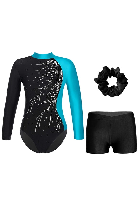 Kids Girls' Long Sleeve Ballet Leotard Gymnastics Unitard Athletic Dance Bodysuit Biketard Lake Blue&Black 6