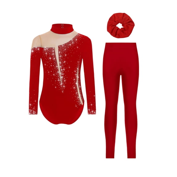 Miutii Kids Girls Long Sleeve Gymnastic Leotard Figure Skating Jumpsuit with Leggings and Hairband Set Tracksuit Burgundy 16