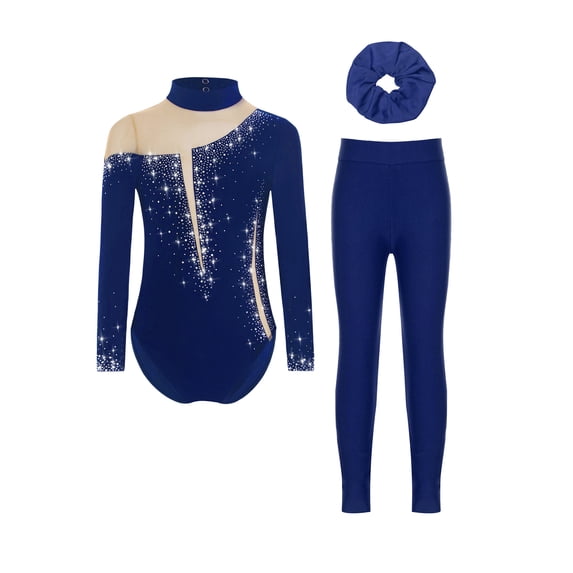 Miutii Kids Girls Long Sleeve Gymnastic Leotard Figure Skating Jumpsuit with Leggings and Hairband Set Tracksuit Navy Blue 14