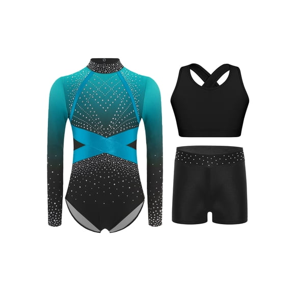 Miutii Kids Girls Long Sleeve Gymnastics Leotard Sparkly Ballet Dance Bodysuit Tumbling Biketard Vest with Shorts Set Light Blue 14