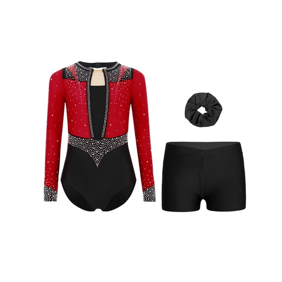 Miutii Kids Girls Long Sleeve Gymnastics Leotards Athletic Bodysuit Biketard with Shorts Hair Scrunchies Set Dancewear Burgundy Black 14