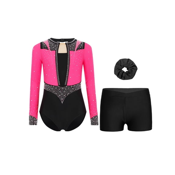 Miutii Kids Girls Long Sleeve Gymnastics Leotards Athletic Bodysuit Biketard with Shorts Hair Scrunchies Set Dancewear Hot Pink Black 8