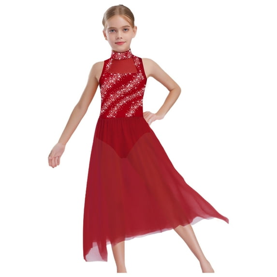 Miutii Kids Girls Lyrical Ballet Dance Dress Shiny Contemporary Dance Dress Sleeveless Ice Skating Dress for Practice Burgundy 10