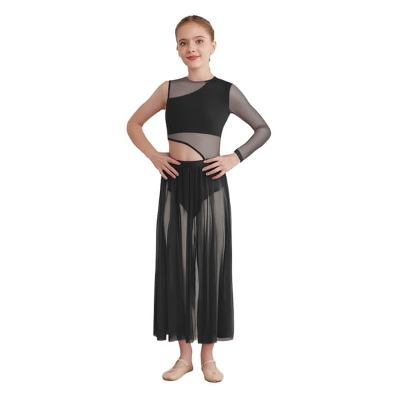 Miutii Kids Girls Lyrical Dance Dress Long Sleeve Leotard with Sheer Mesh Split Skirt Contemporary Dancewear Black 6