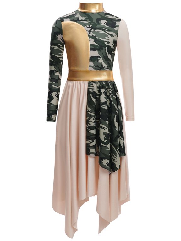 Kids Girls Lyrical Dance Dress Patchwork Printed Tunics Irregular Long Gowns Worship Praise Dancewear Beige 6